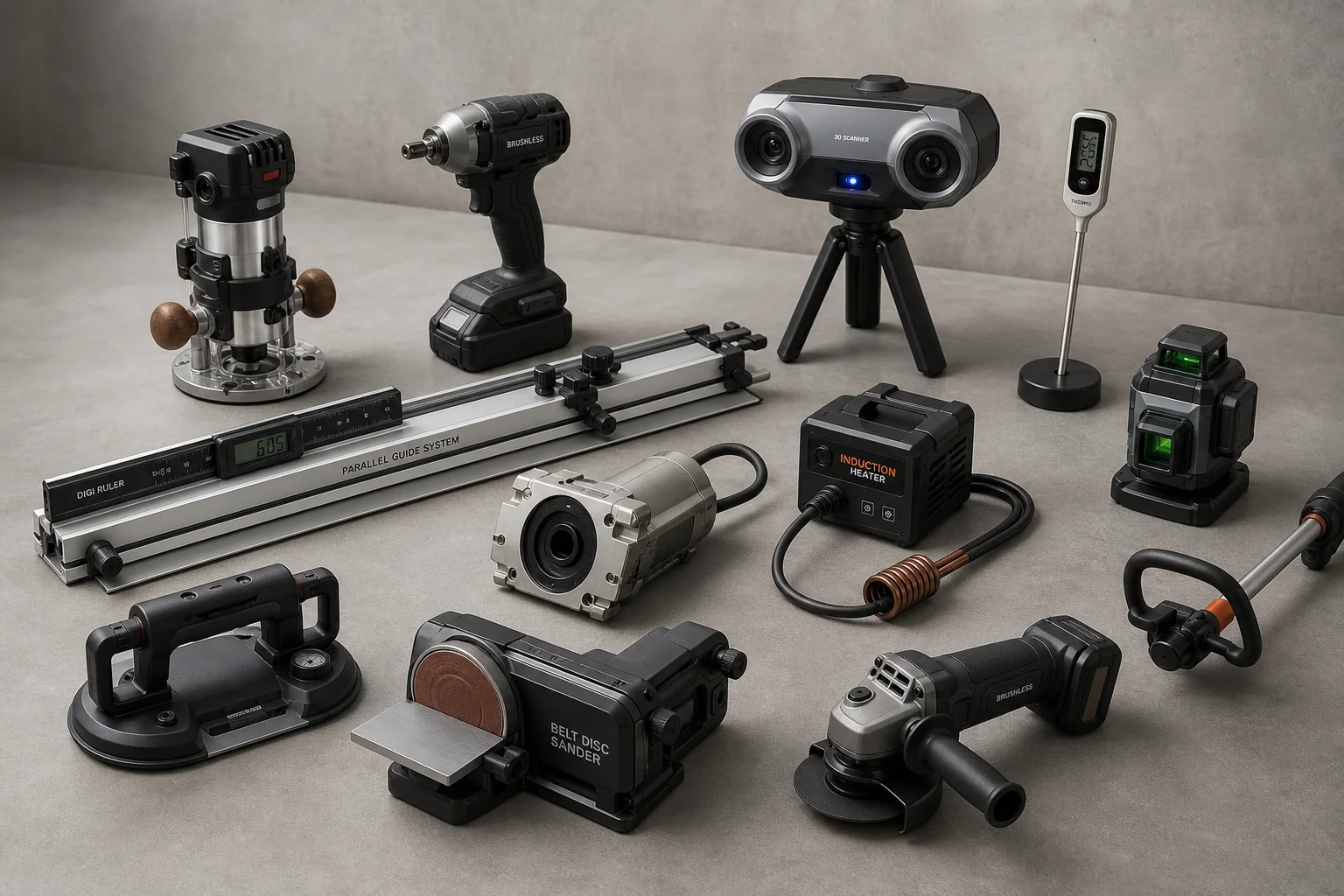 Collection of 13 next-generation workshop tools arranged on concrete surface