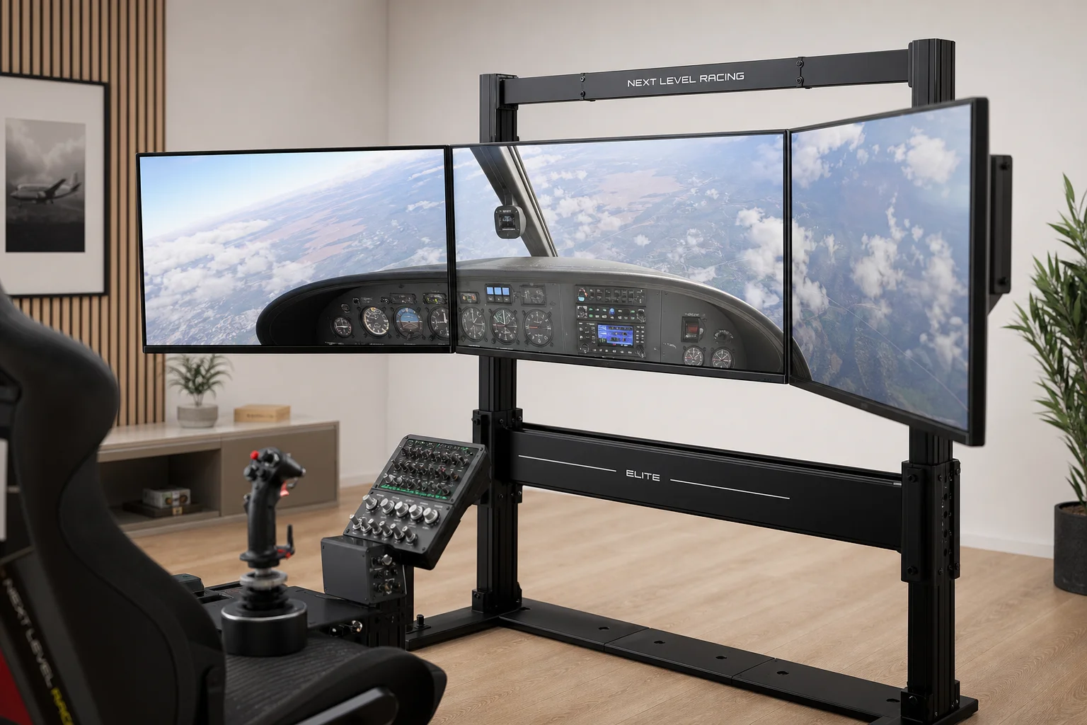 Professional home flight simulator cockpit with yoke, avionics, throttle controls, and triple monitors