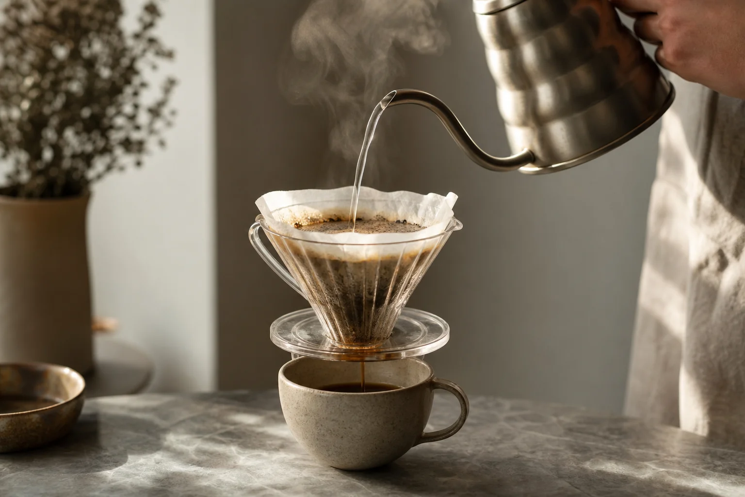 Pour-over coffee brewing with hot water and steam visible