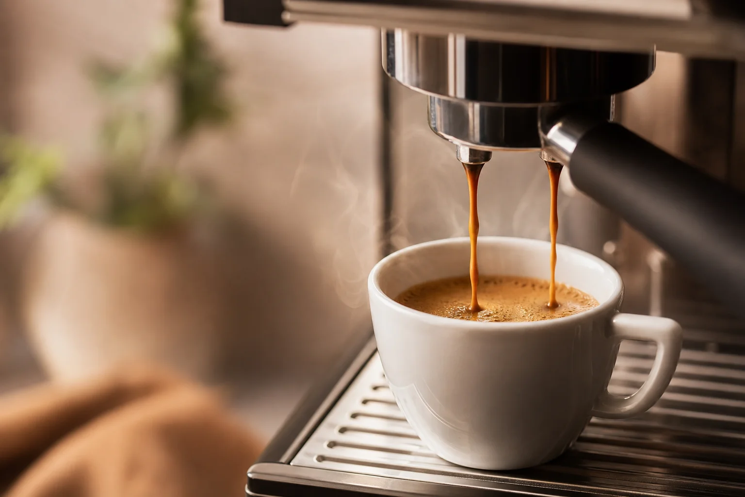 Espresso shot with golden crema being pulled into a white cup