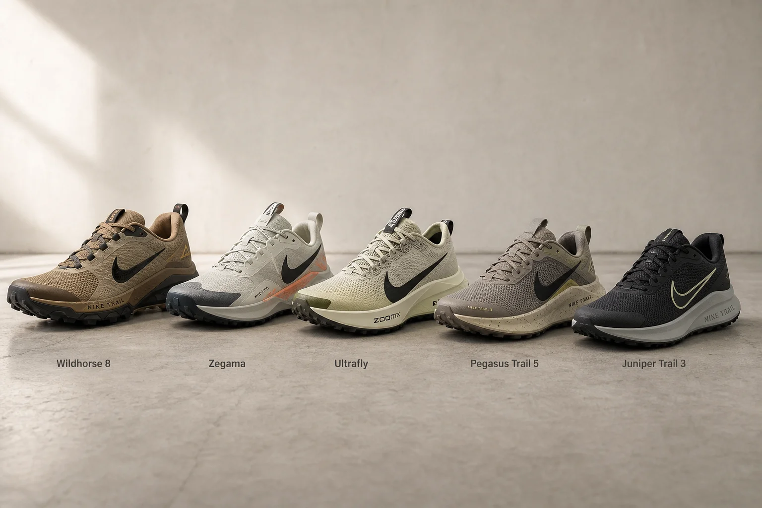 五款 Nike 越野跑鞋在水泥地面上依序排列