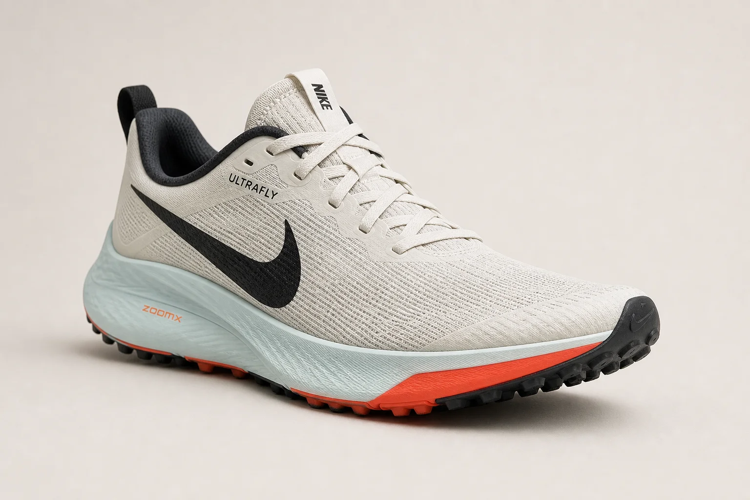 五雙 Nike 越野跑鞋在水泥地面上依序排列