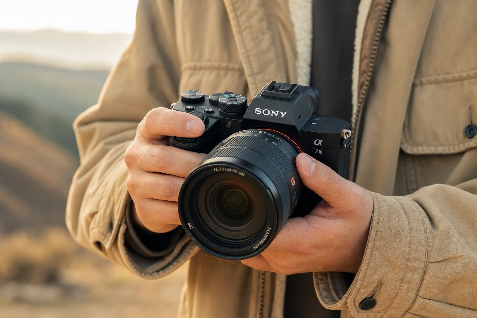 Photographer holding a mirrorless camera in outdoor natural light