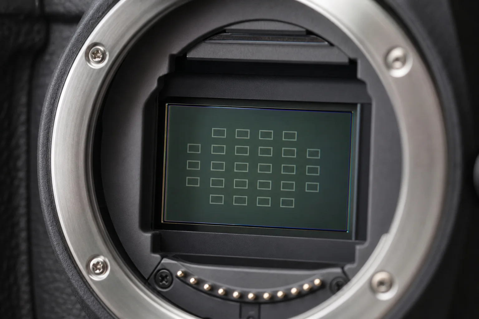 Close-up of camera autofocus sensor and focusing points