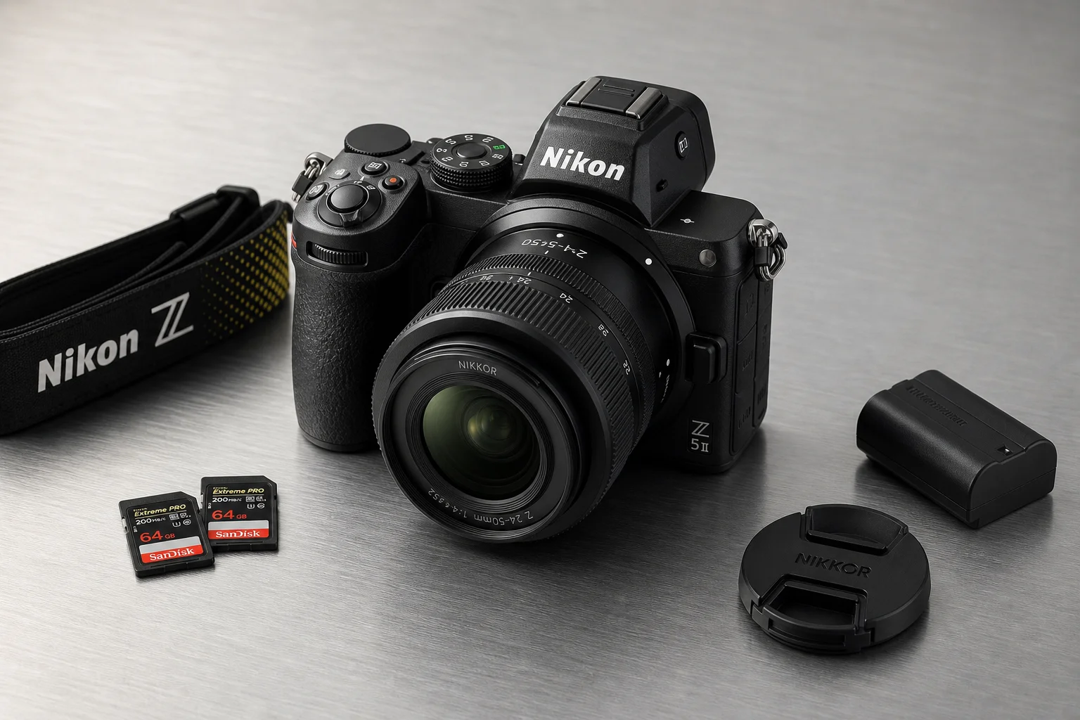 Nikon Z5 II system with lens, memory cards, and accessories