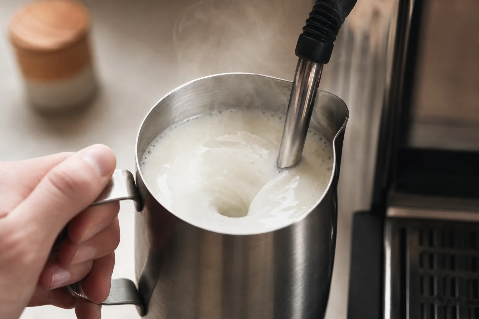 Milk steaming in a metal pitcher with visible vortex