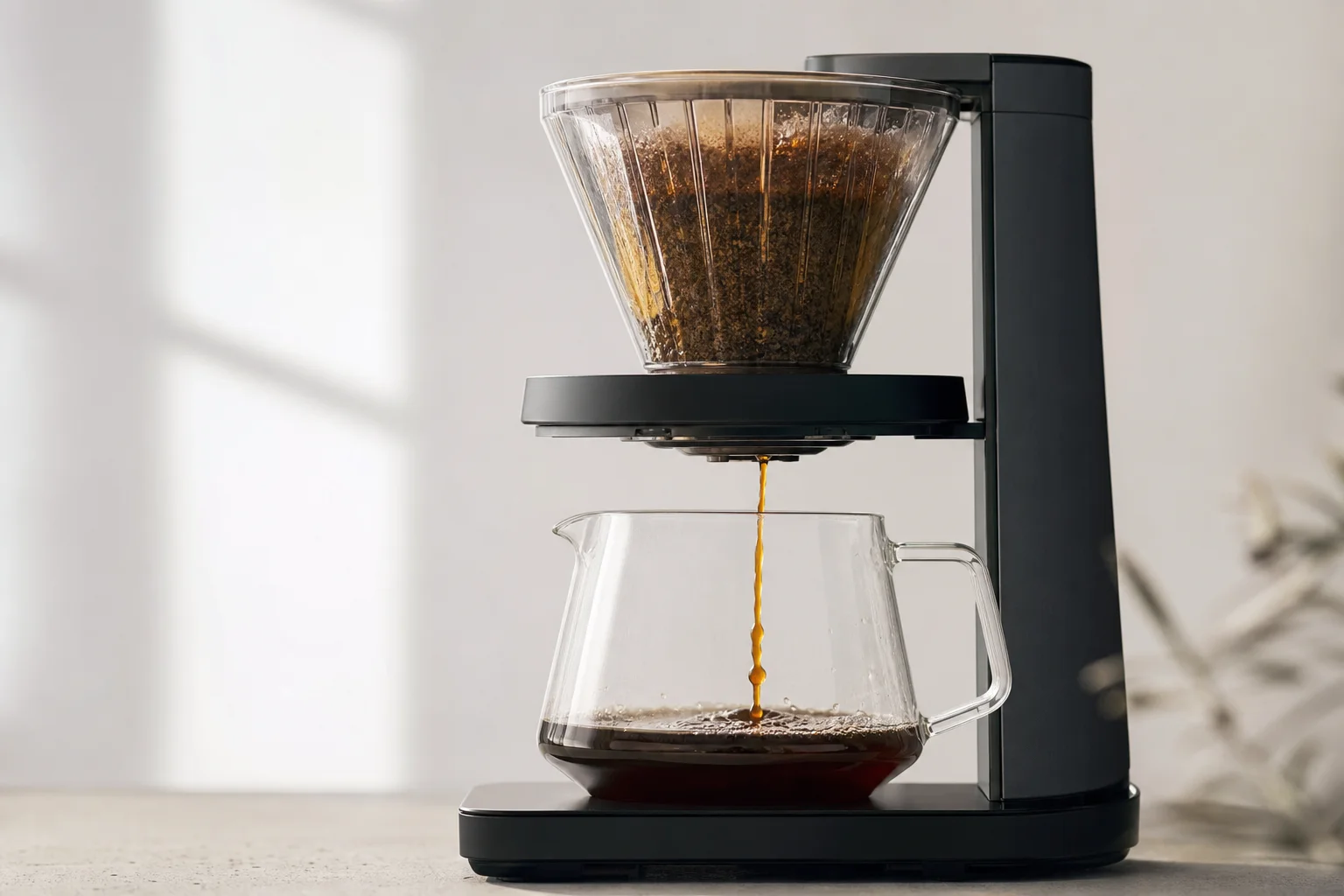 Filter coffee brewing into a glass carafe