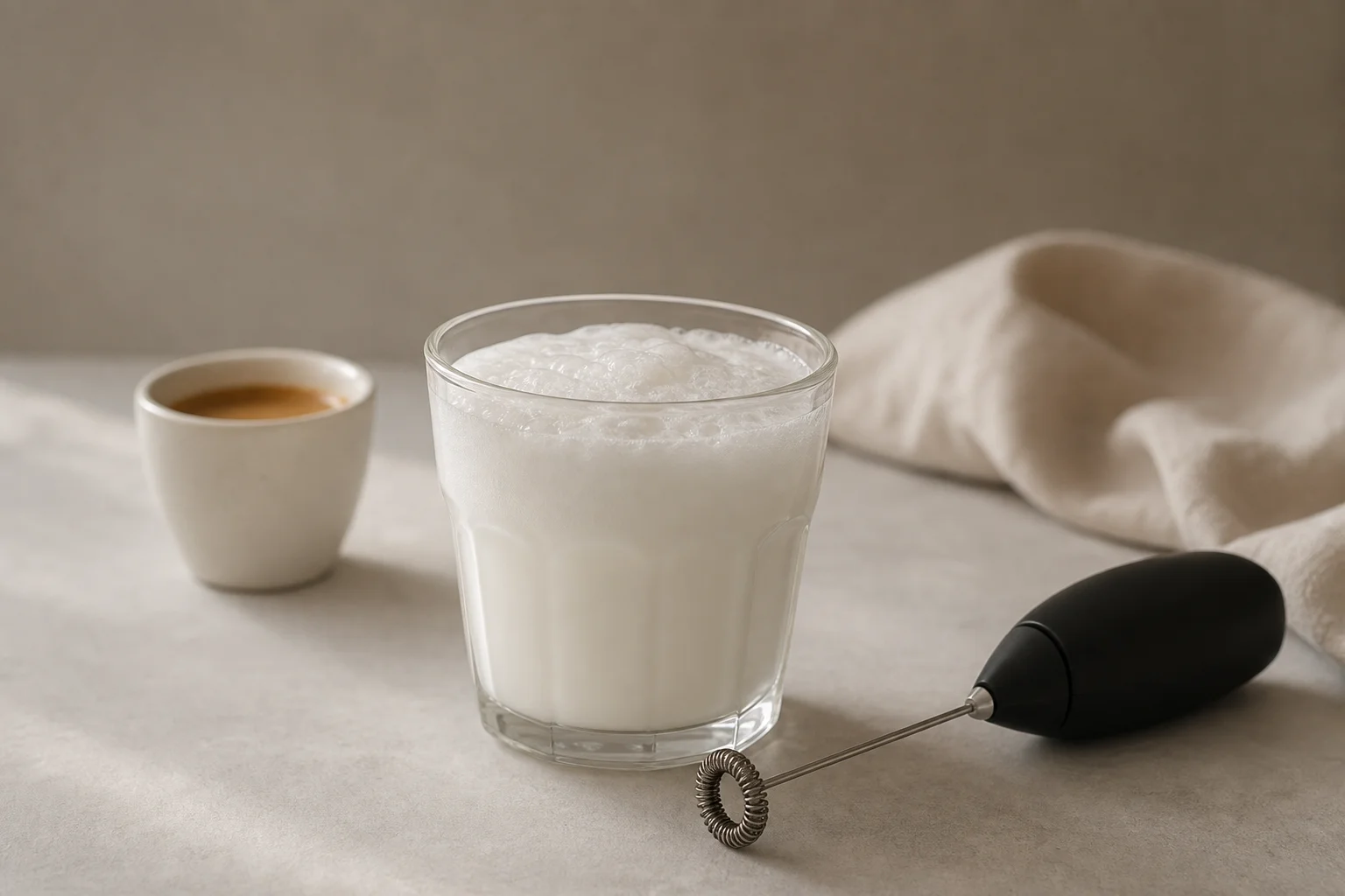 玻璃杯中的奶泡，配有奶泡棒與濃縮咖啡杯