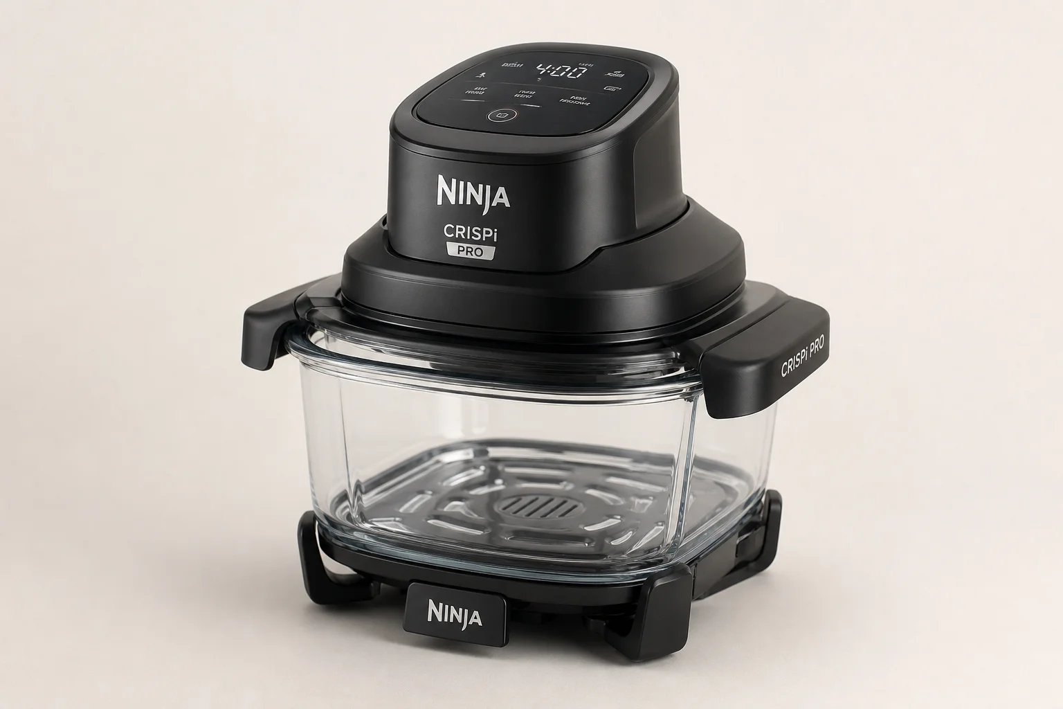 Ninja Crispi Pro 玻璃氣炸鍋，配有透明容器，置於中性背景前。