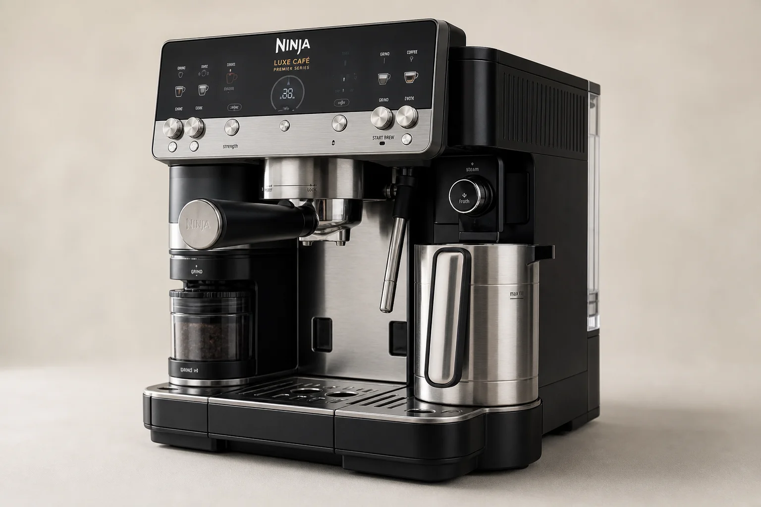 Ninja Luxe Cafe 與 Breville Espresso 機陳列於灰色檯面上