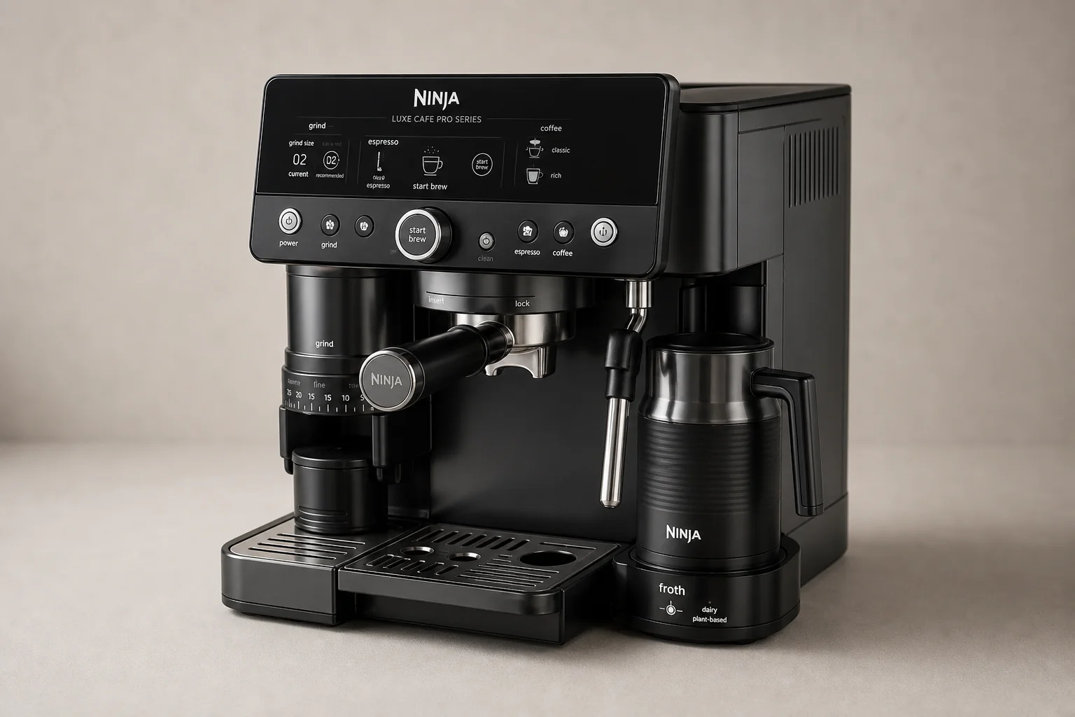 Ninja Luxe Cafe 與 Breville Espresso 咖啡機並排擺放在灰色檯面上