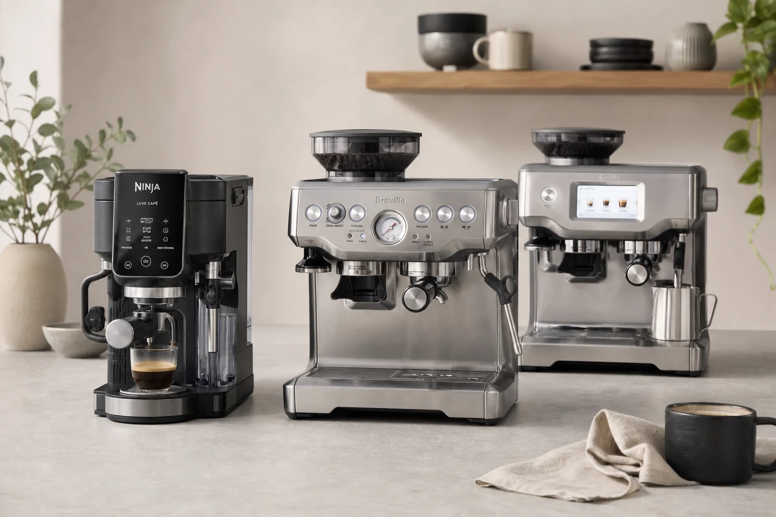 Ninja Luxe Cafe 與 Breville 義式咖啡機擺放在灰色檯面上