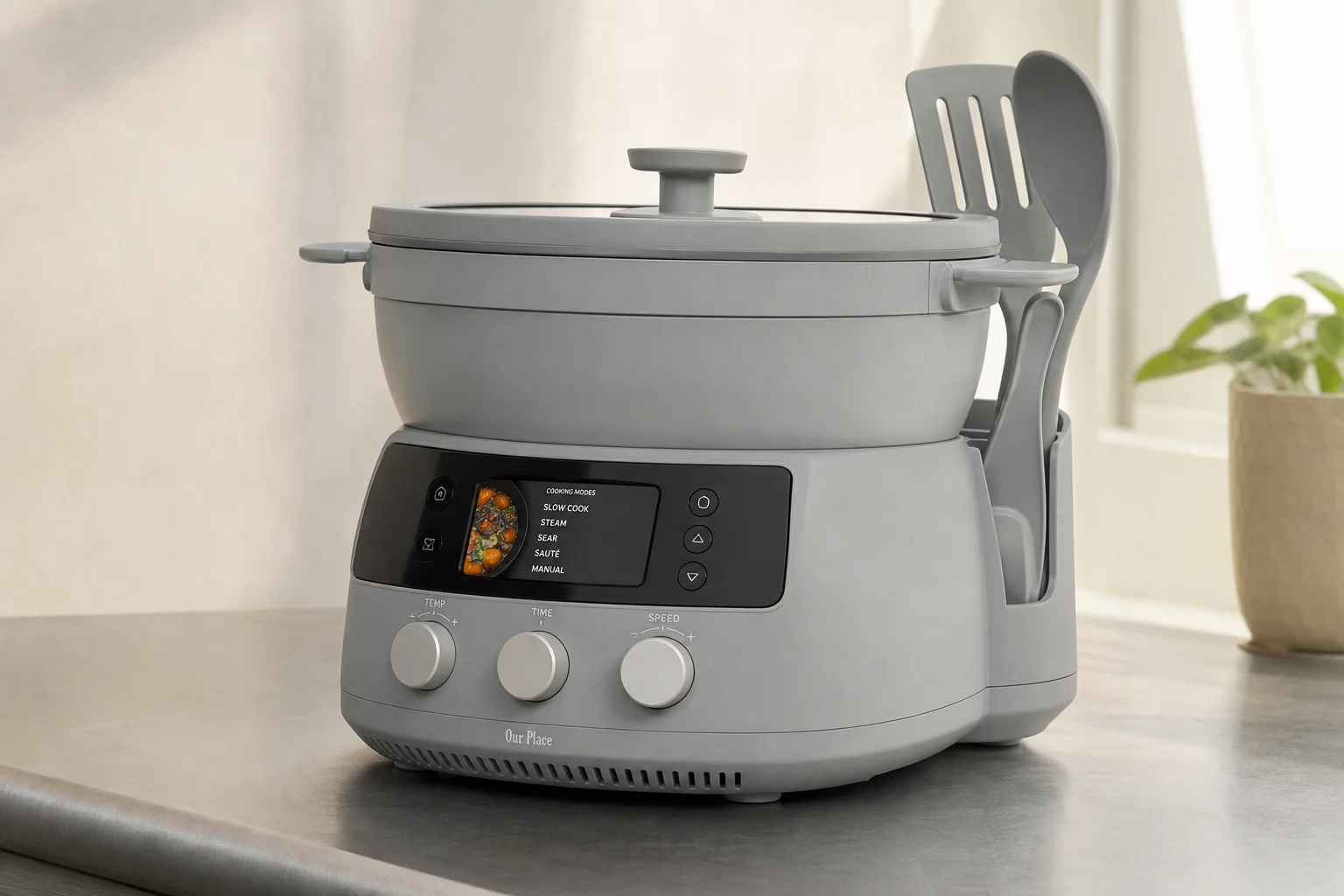 Five slow cookers arranged by rank on a concrete surface