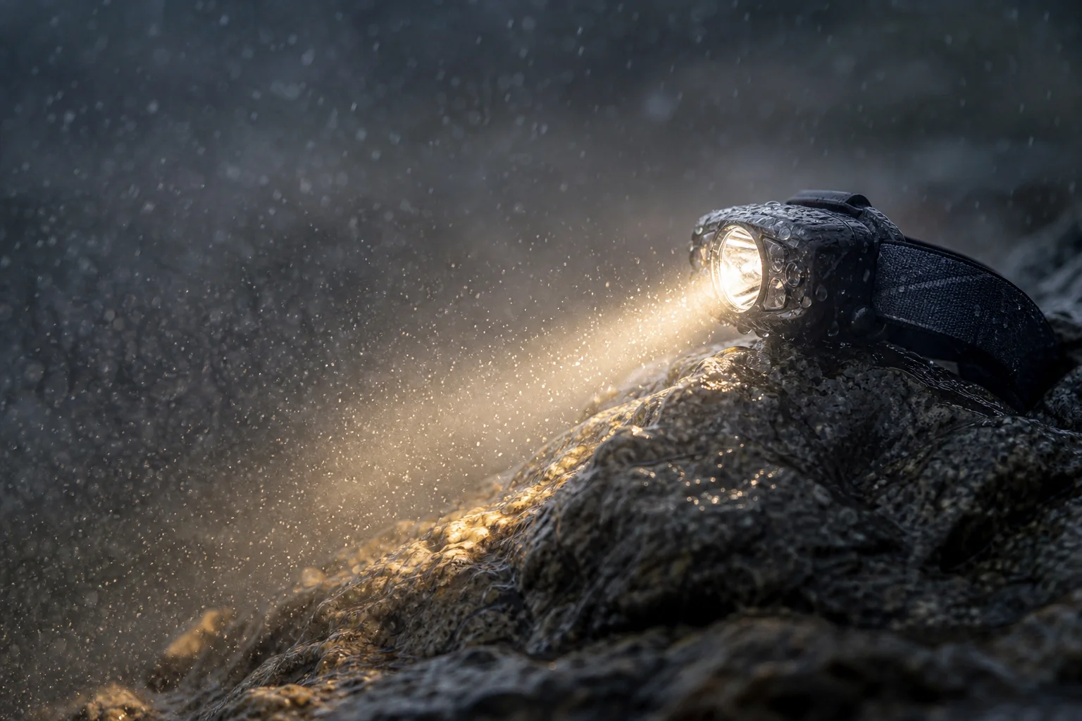 頭燈光束在雨霧中照亮潮濕的地形
