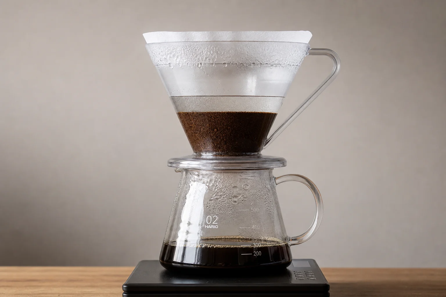 Level coffee bed with water column visible through brewer side