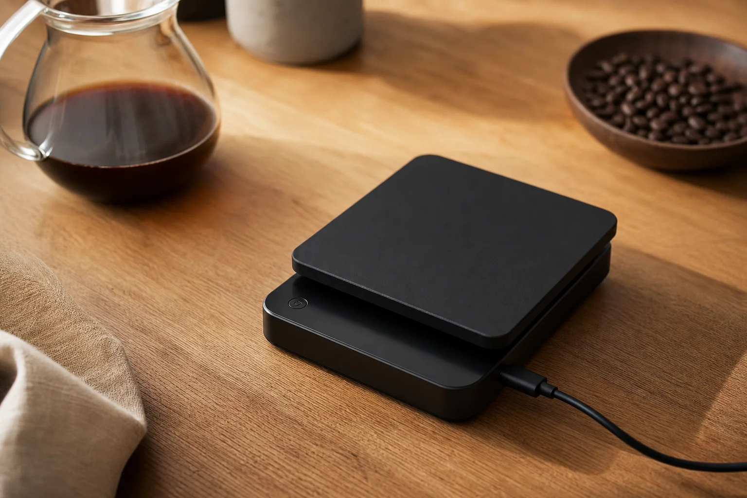 USB-C 充電線連接至放置在木質檯面上的輕巧咖啡秤
