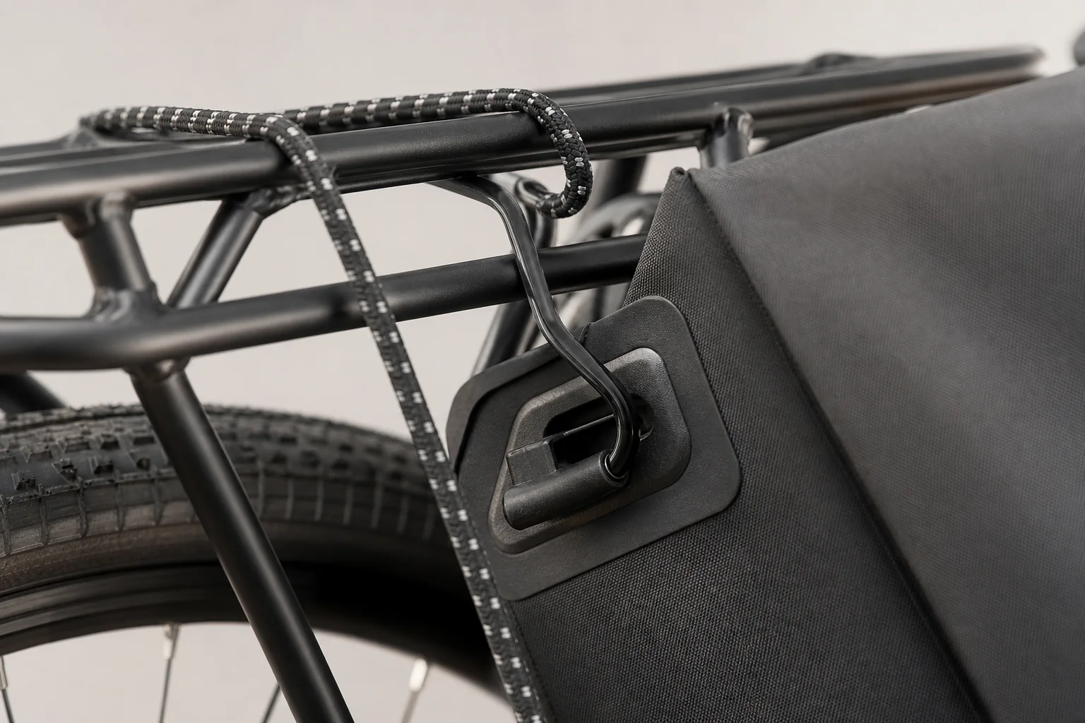 Close-up of hook and bungee attachment system on bike rack