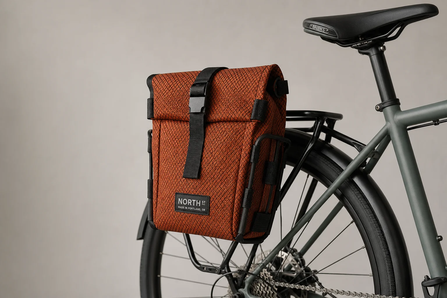 North St. Bags Commuter Micro Pannier in rust color mounted on rear bike rack