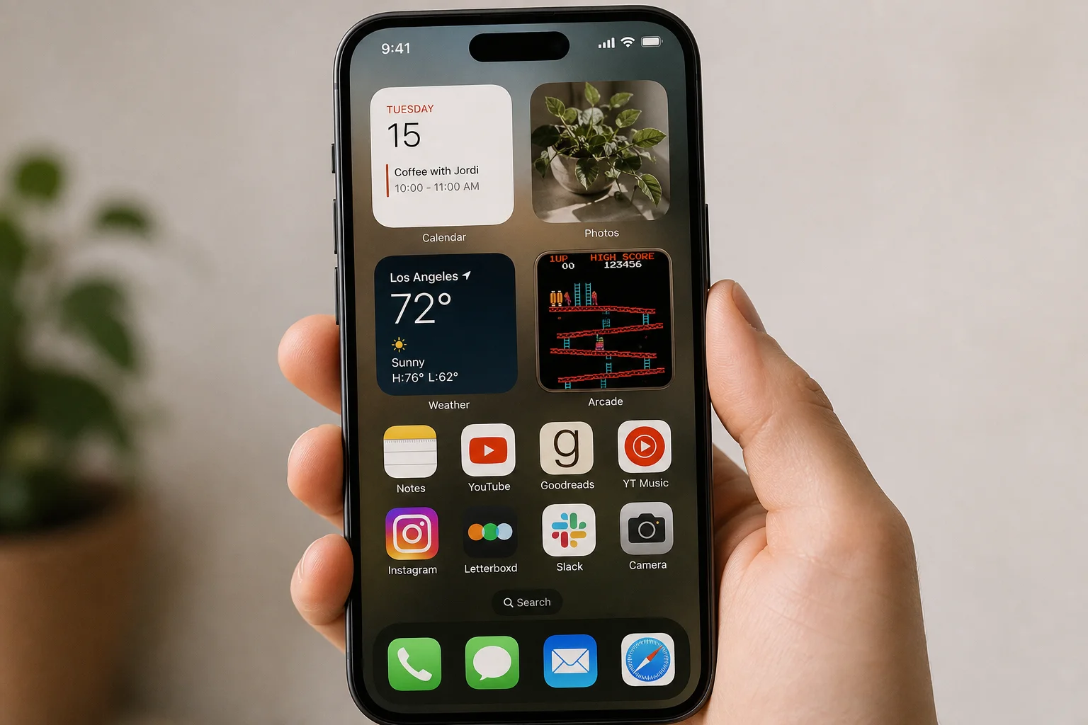 Smartphone home screen with custom arcade game widget displayed