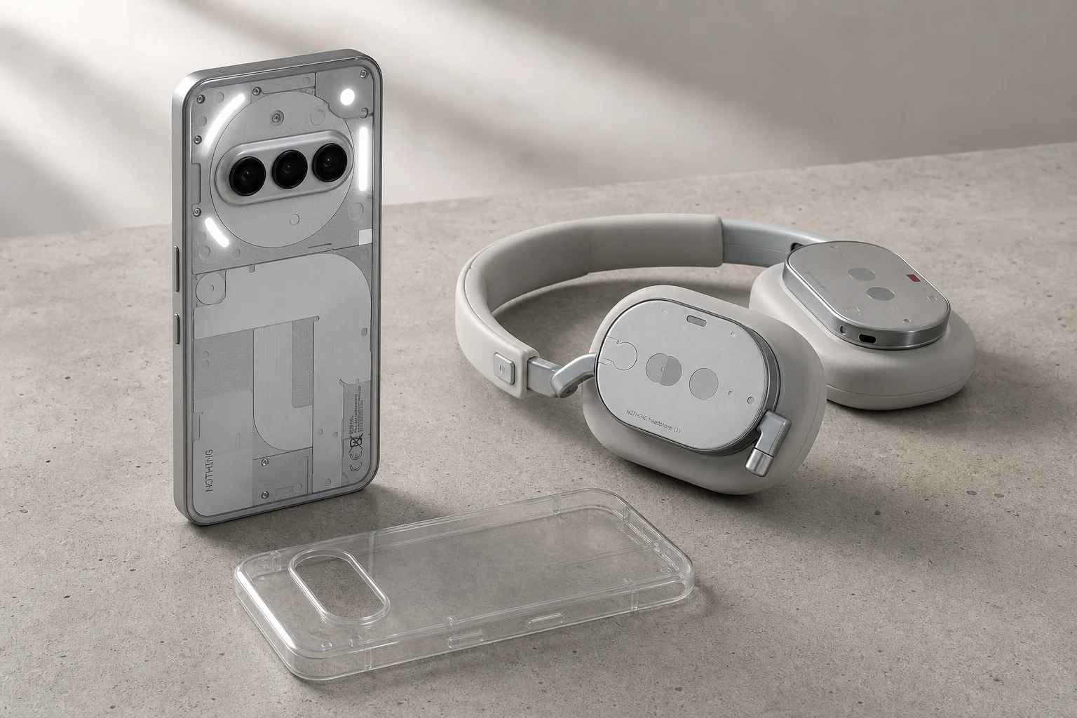 Nothing Phone (4a) Pro, Nothing Headphones (a), and phone case arranged on concrete surface