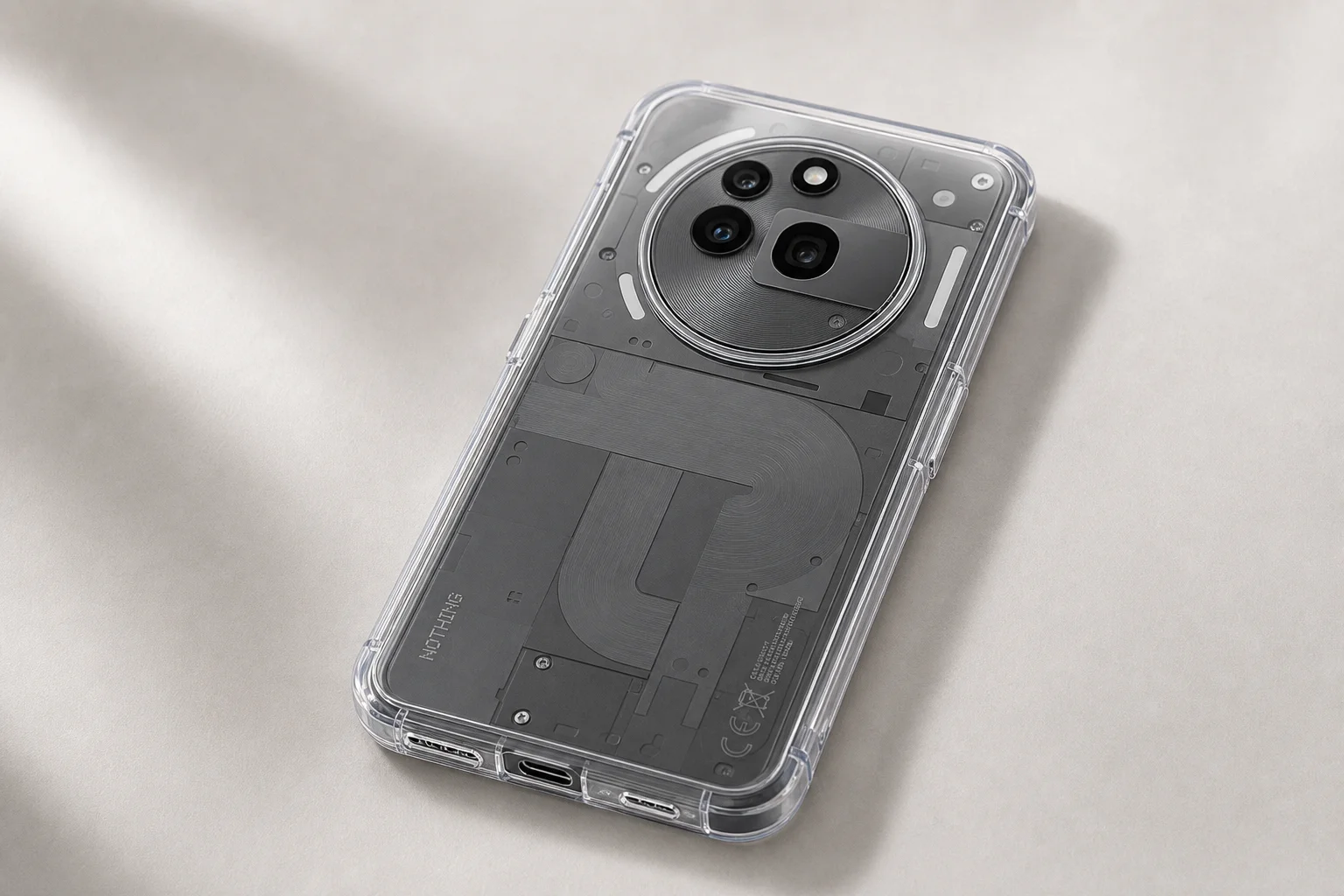 Transparent protective case fitted around a Nothing Phone (4a) Pro