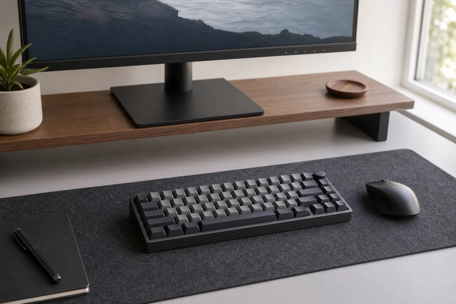 Compact 75% mechanical keyboard positioned on a desk workspace with monitor and peripherals