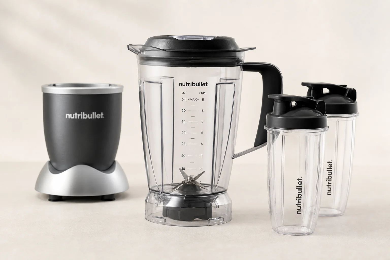五款不同尺寸的 NutriBullet 果汁機排列在水泥地面上