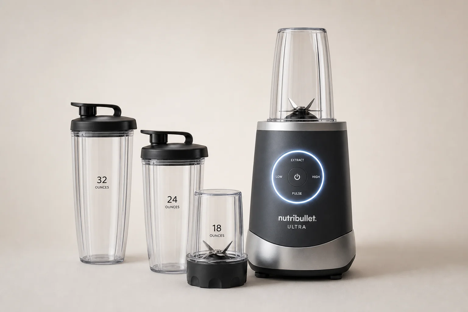 五款不同尺寸的 NutriBullet 果汁機排列在水泥表面上