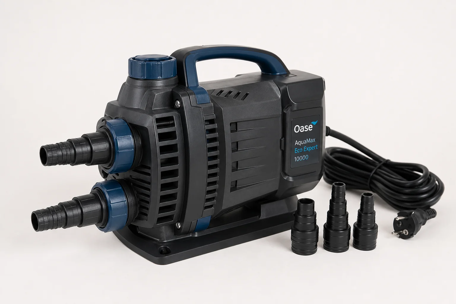 Five pond pumps arranged by size on concrete surface