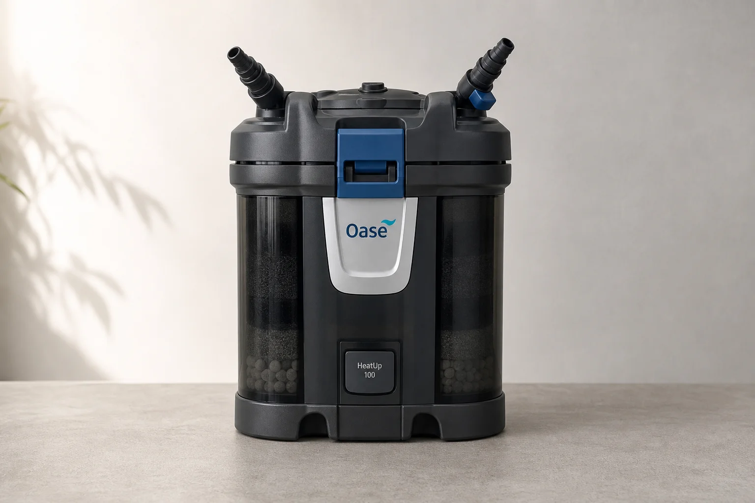 Aquascaping equipment including tanks, filters, lights, heater, and CO2 regulator on grey surface