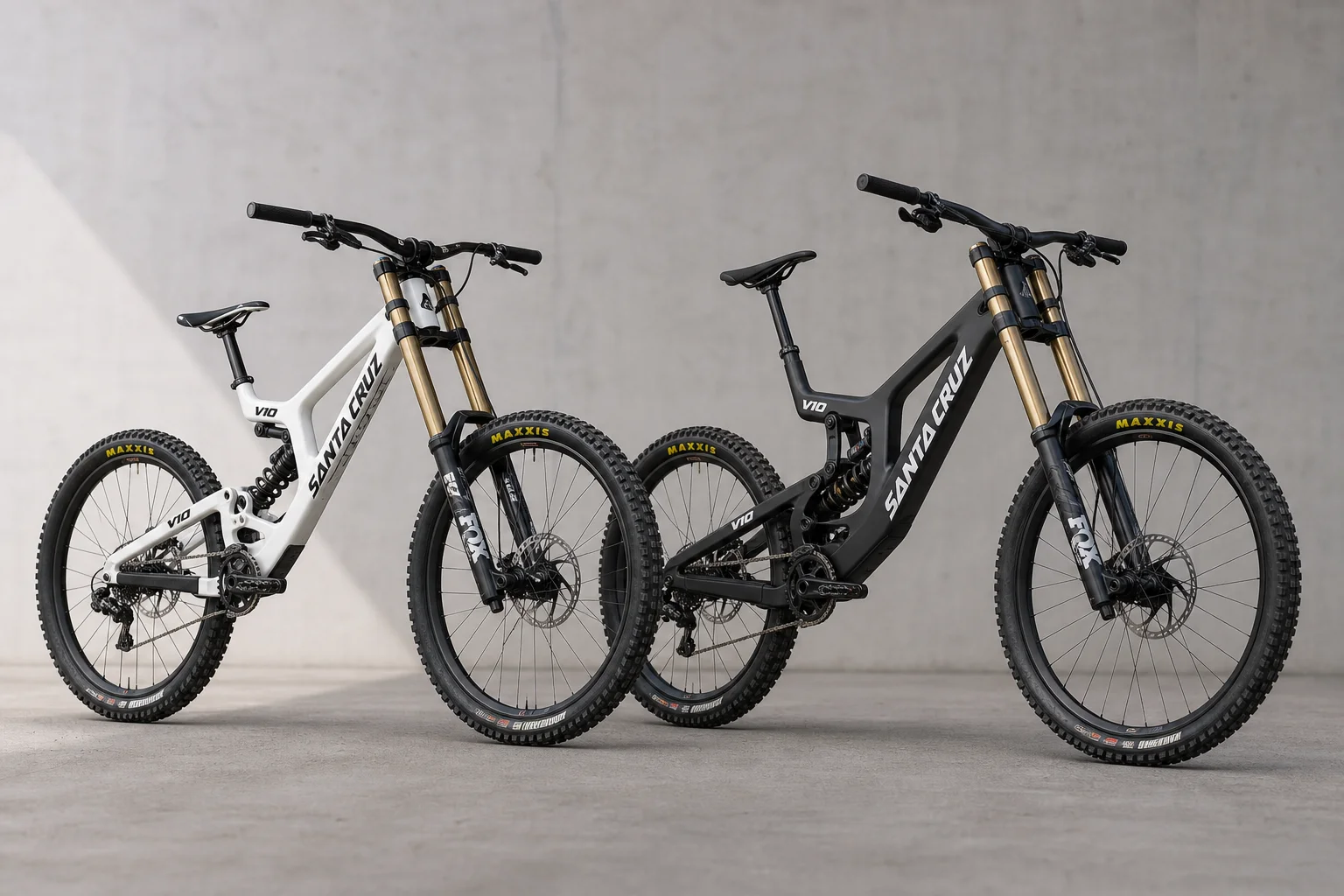 コンクリートの上で並べられた2012年製Santa Cruz V10 Gen 4と最新のGen 8ダウンヒルバイク