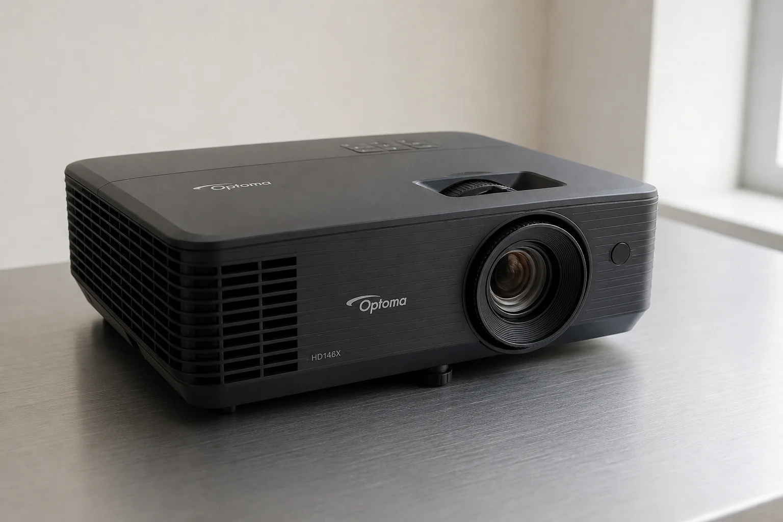 Five home theater projectors arranged by size on a concrete surface