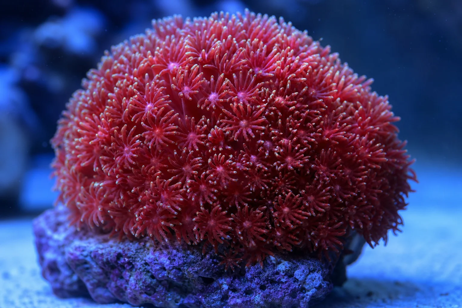 Collection of challenging reef corals including red acropora, plate coral, torch coral, and gonipora