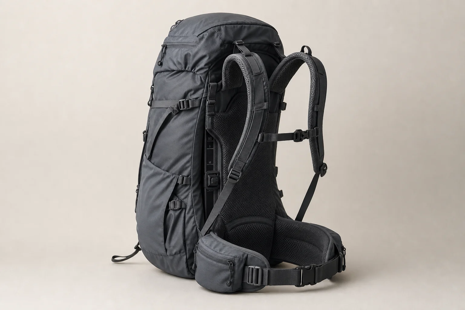 Eight backpacking packs of various styles and sizes arranged on concrete surface