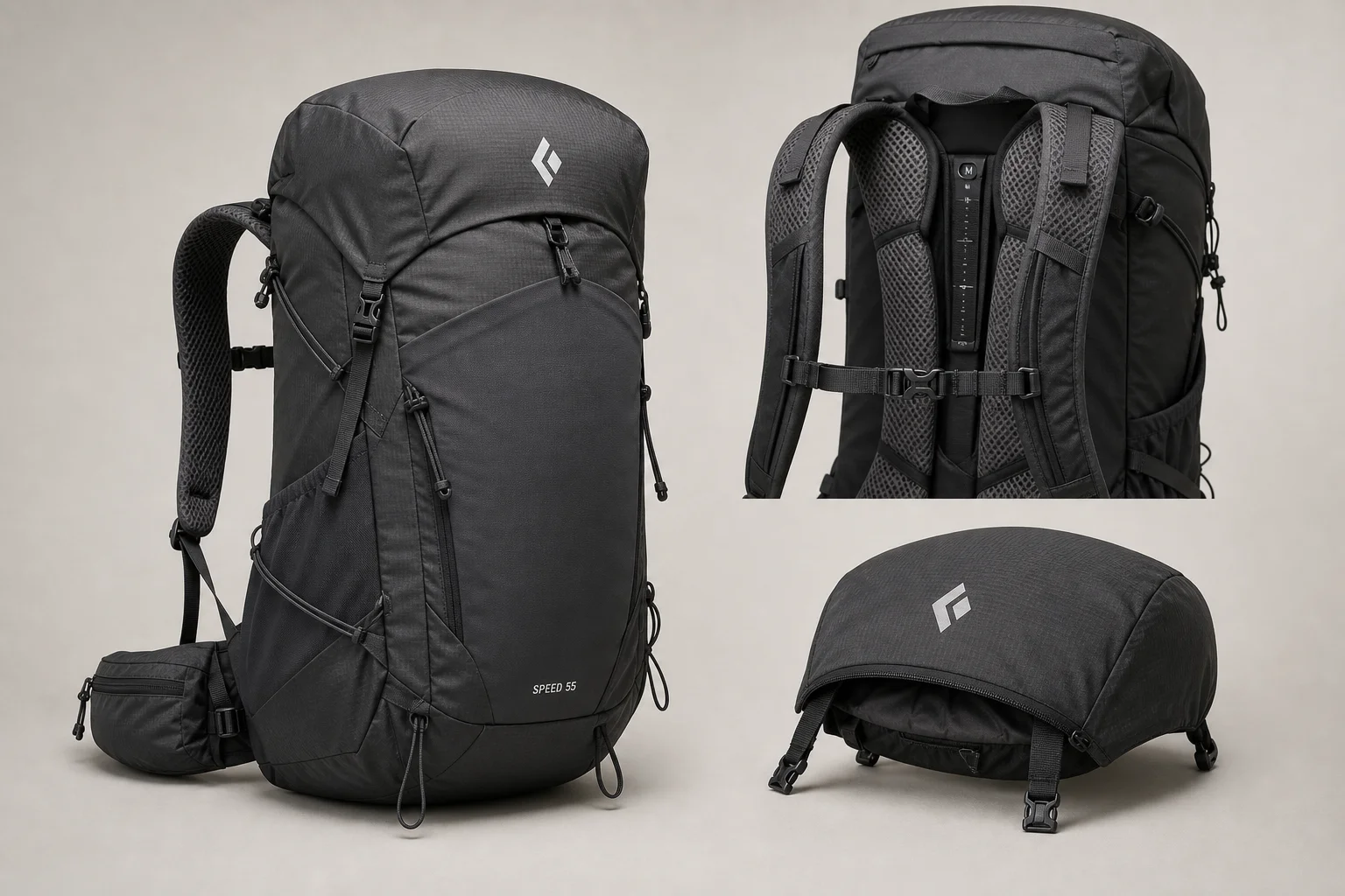 Eight backpacking packs of various styles and sizes arranged on concrete surface