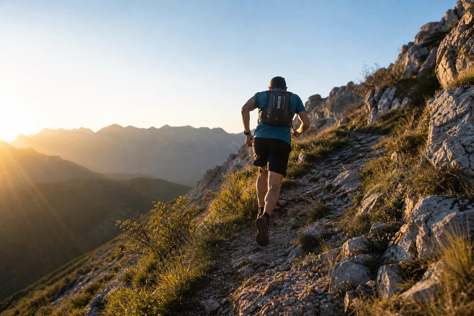Trail runner ascending a steep mountain path with a lightweight backpack