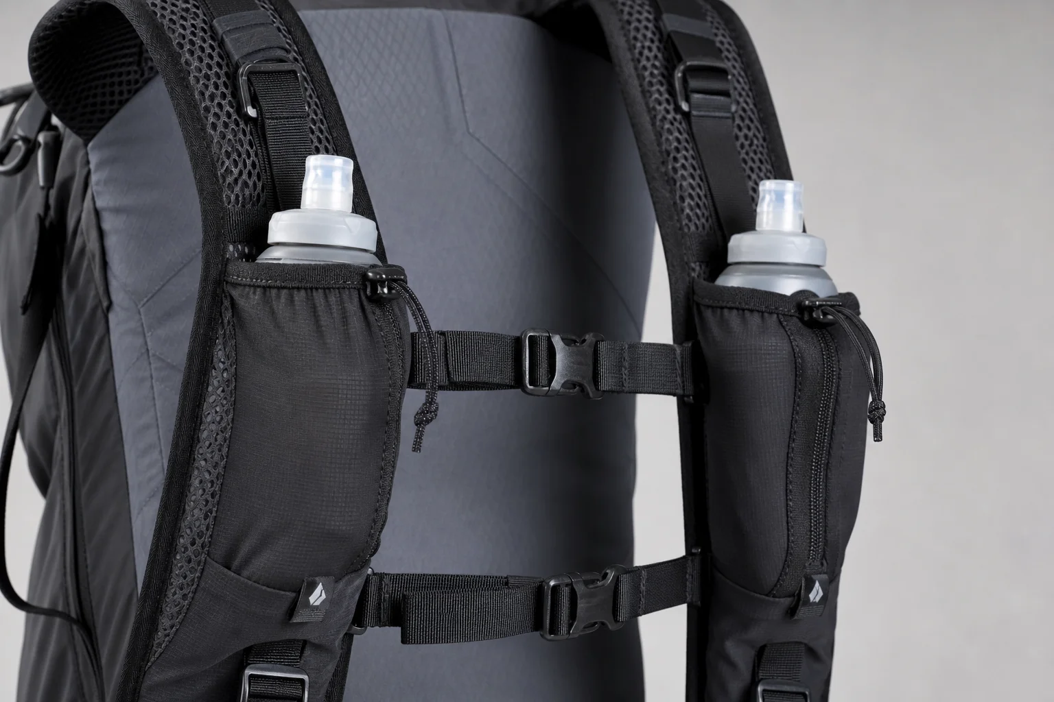Close-up of adjustable shoulder straps and front bottle pockets on a technical backpack