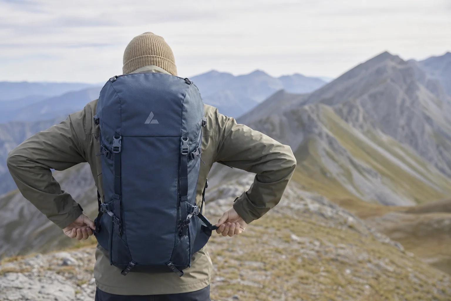 Hiker adjusting compression straps on a backpack while standing on a mountain ridge