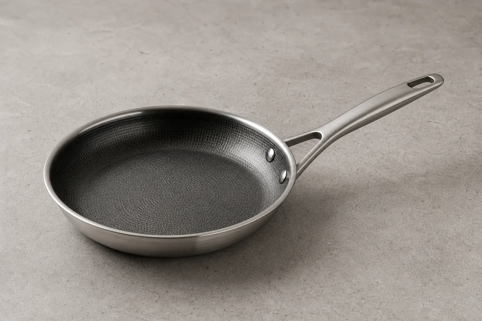 Collection of six stainless steel frying pans with varied finishes and handle styles on concrete surface