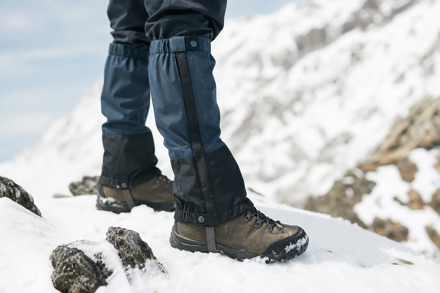 登山客穿著配備綁腿的靴子行走於雪地山區，保護小腿免受雪地影響