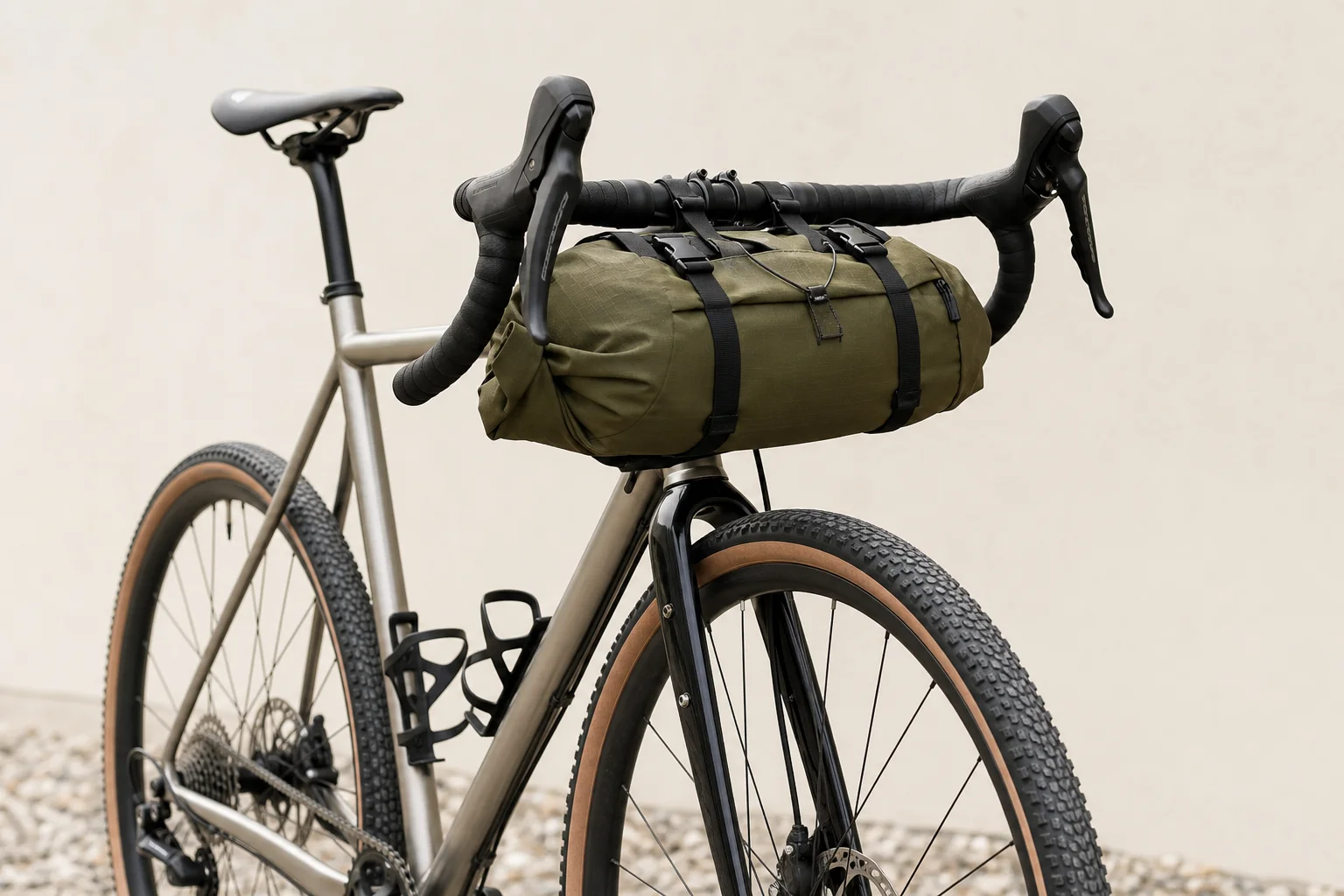 Olive green handlebar bag mounted on gravel bike handlebars with clear sightline