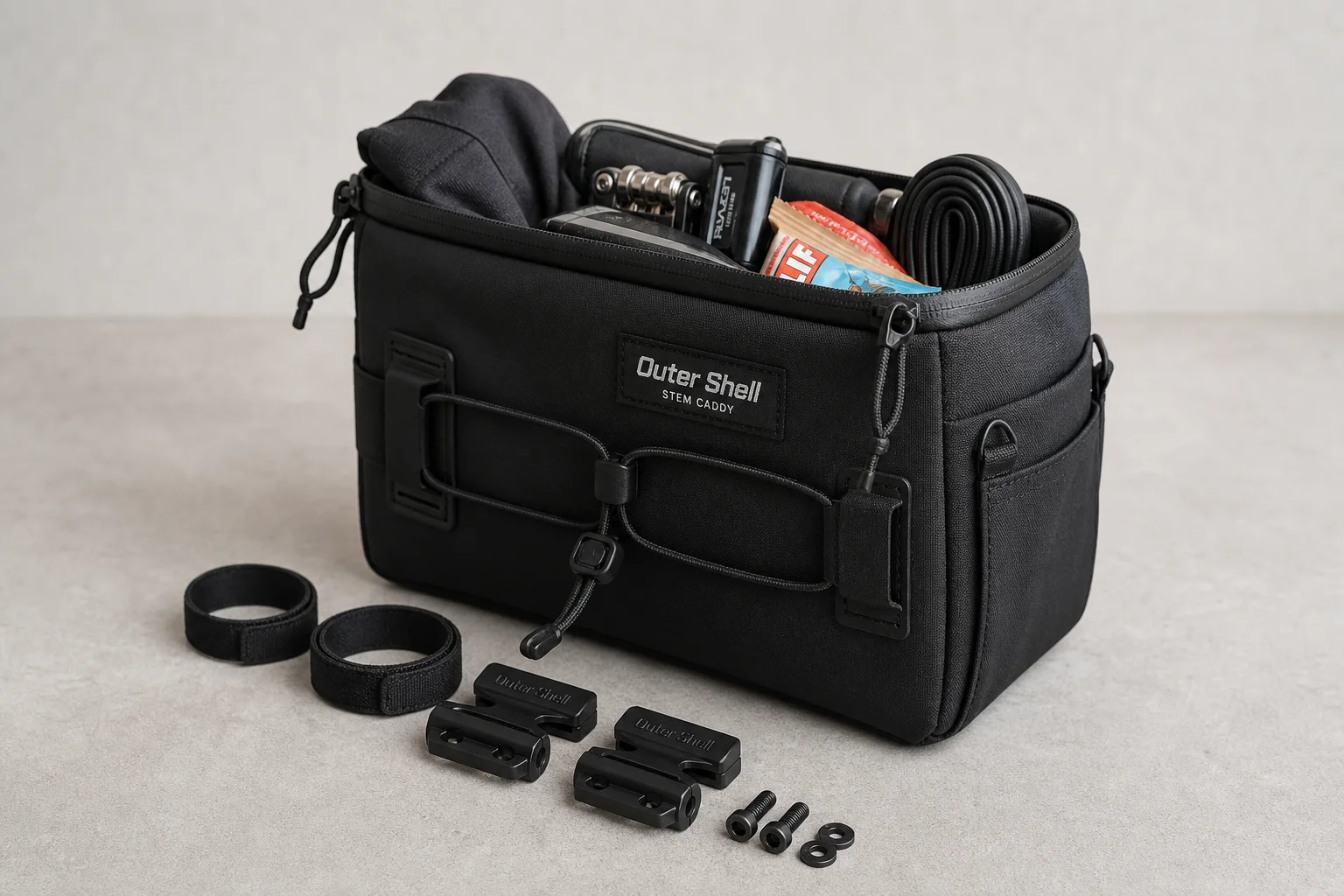 Six Outer Shell bike packing bags in various colors and sizes on neutral backdrop
