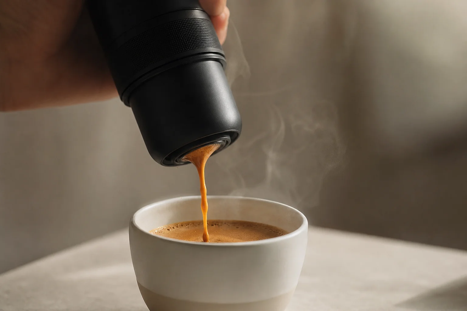 Espresso shot being pulled from portable brewer into a ceramic cup