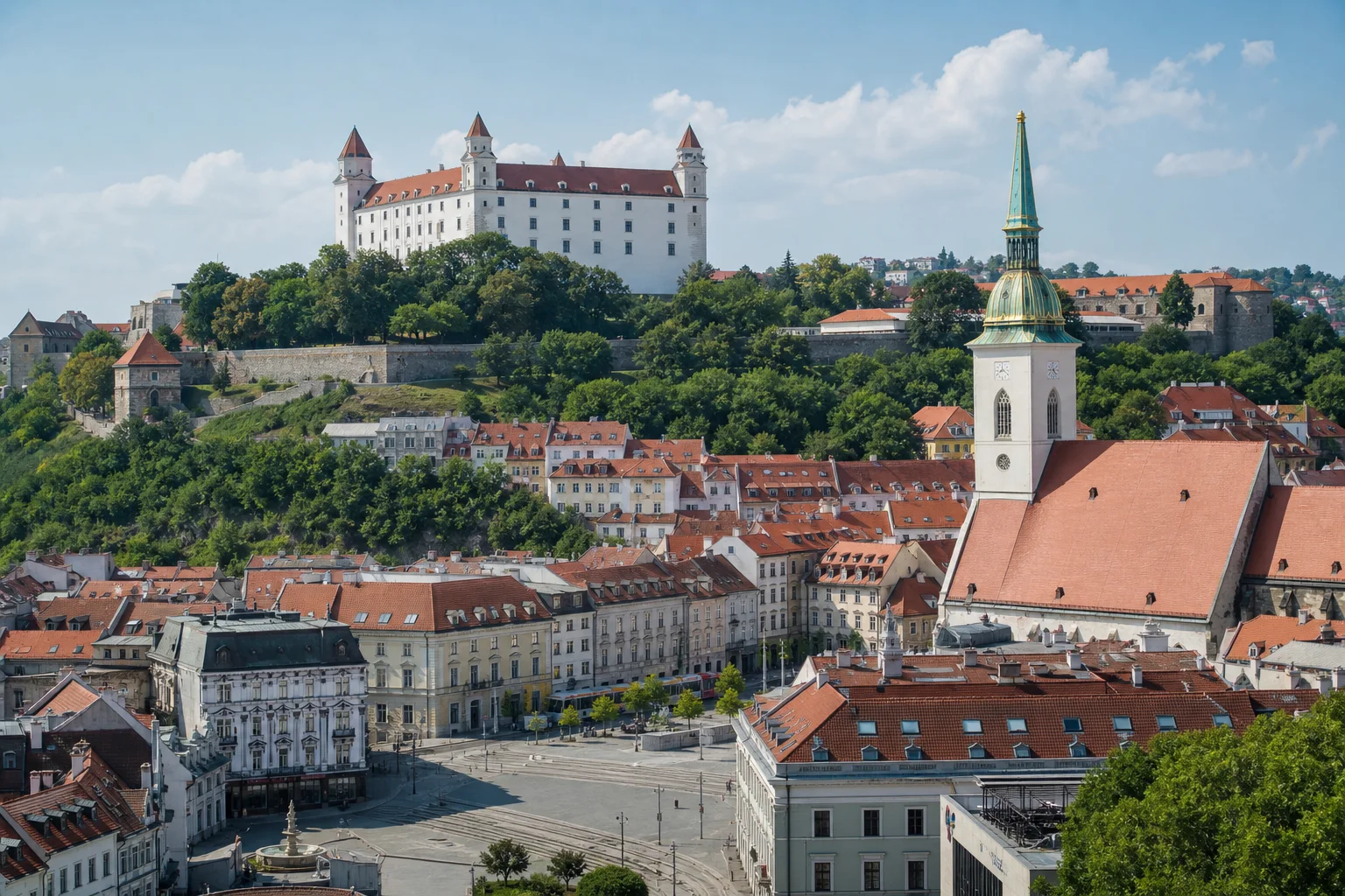 Ljubljana castle overlooking a historic European city square at midday