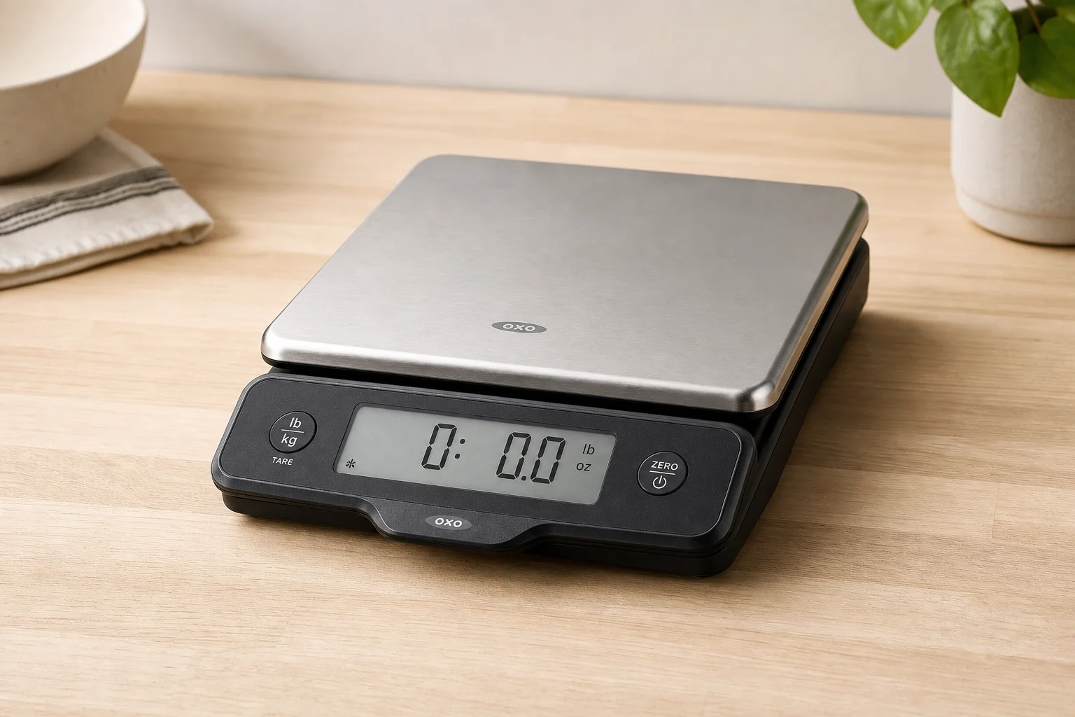 放置在淺色木質檯面上的 OXO Digital Kitchen Scale，顯示螢幕清晰可見