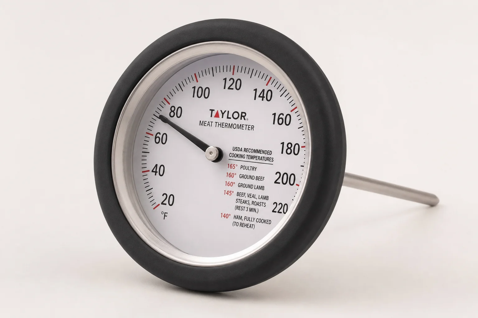 Five instant read thermometers arranged on neutral backdrop