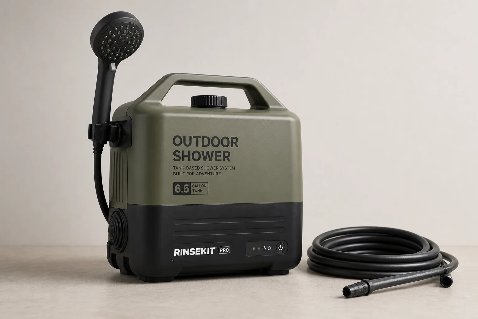 Five camping shower models arranged on concrete surface