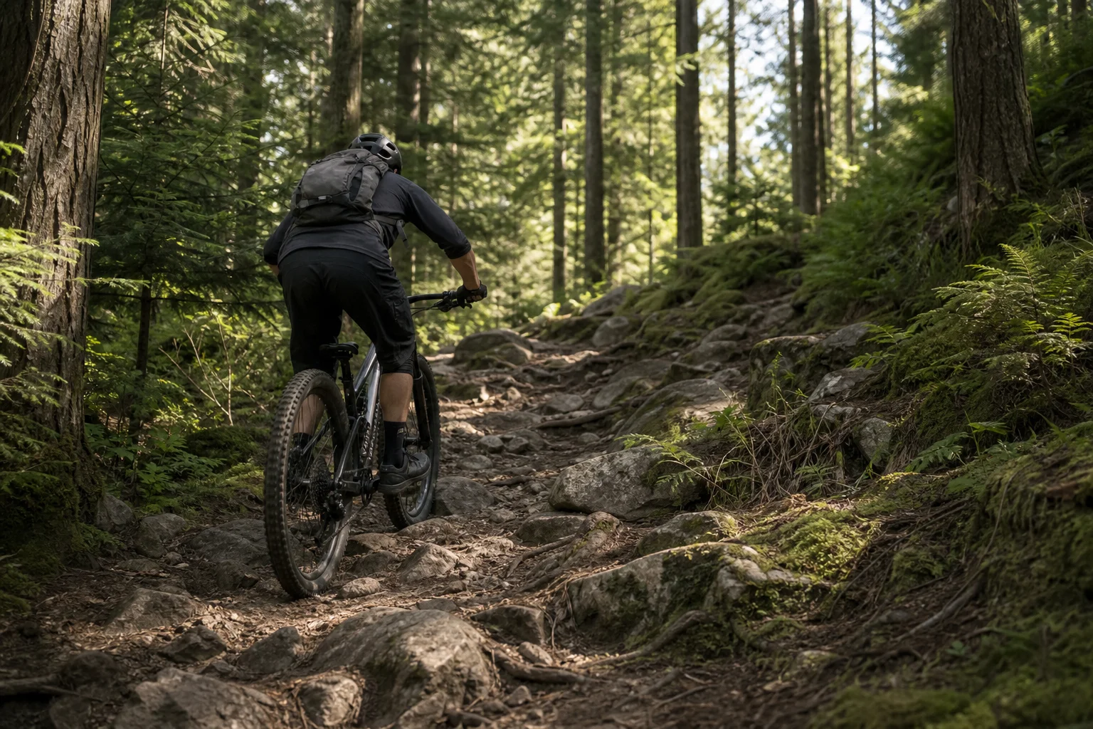 Mountain biker ascending a rocky forest trail with dappled sunlight