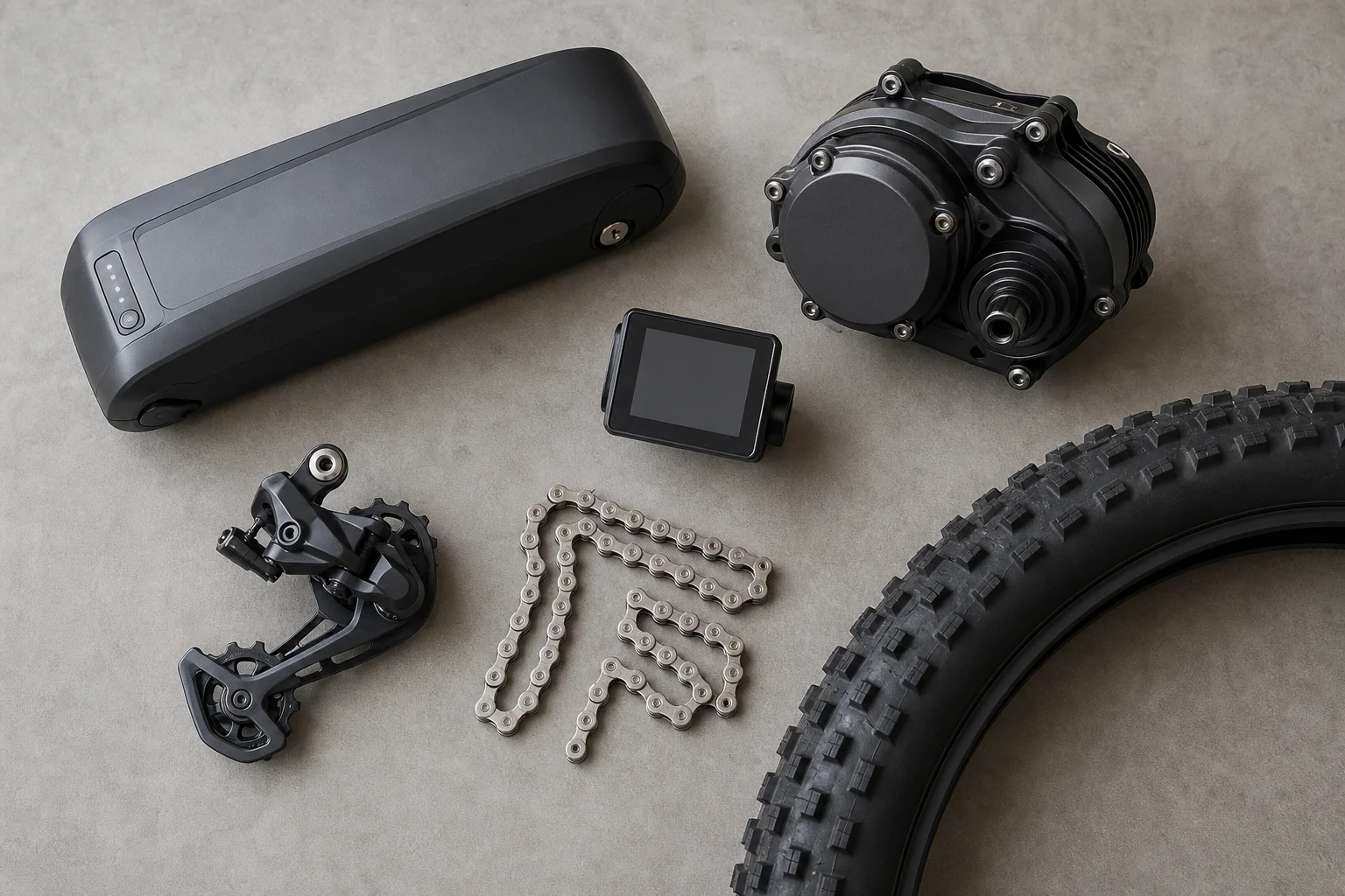 Flat-lay of e-bike battery, motor, display, and drivetrain components