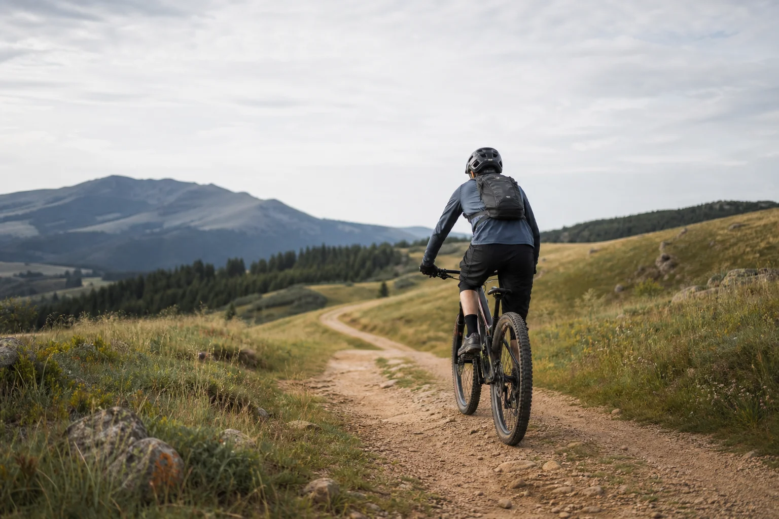 Mountain biker riding on open trail at moderate speed with relaxed posture